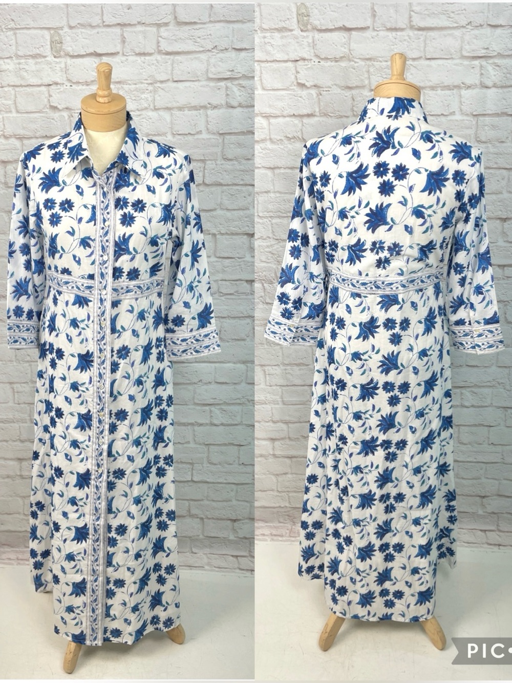Oliphant Marion Blue Floral 100% Cotton Maxi Shirt Dress Size M New!